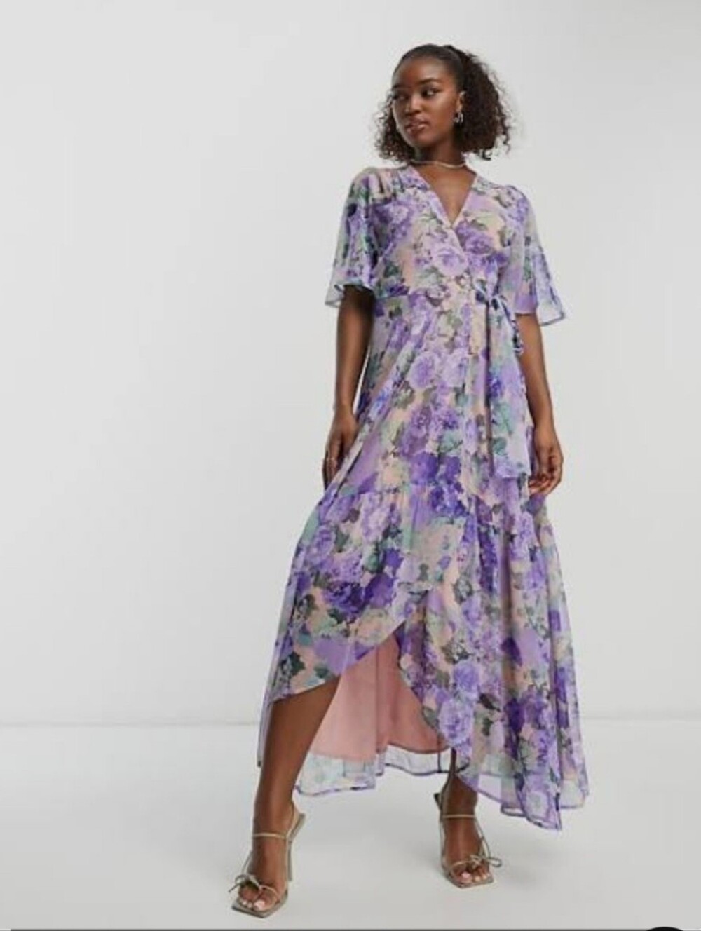 Hope & Ivy The Eira Purple Floral Flutter Sleeve Wrap Maxi Dress